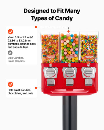 Candy Vending Machine, Triple Compartment Candy Vending Machine with Stand, Gumball & Candies Vendings Machines with Built-In Cash Box, Detachable, Vintage Candies Dispenser for Shops, Arcades