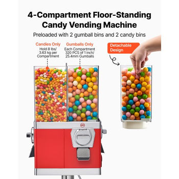 Candy Vending Machine, Four Compartment Candy Vending Machine with Stand, Gumball & Candies Vendings Machines with Adjustable Height, Vintage Candies Dispenser for Shop, Arcade, Family Gathering