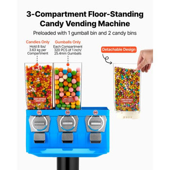 Candy Vending Machine, Triple Compartment Candy Vending Machine with Stand, Gumball & Candies Vendings Machines with Built-In Cash Box, Detachable, Vintage Candies Dispenser for Shops, Arcades