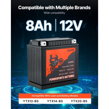 Motorcycle Battery, 12 Volt 8Ah, LiFePO4 Lithium Pre-Charged Powersports Battery, Maintenance Free & High Performance, Compatible with ATV, Motorcycle, Jet Skis, Scooter, UTV, and More