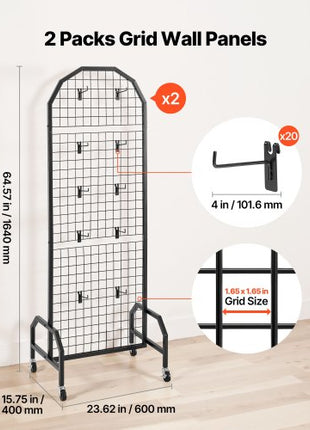 2 Packs Grid Wall Panels, 1.9 x 5.4 ft Wire Grid Panels Display Rack, Movable Art Display Shelf with Wheels and 20 Hooks, Black Carbon Steel Gridwall for Craft Show, Decor, Storage, Notice Board