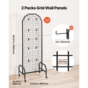 2 Packs Grid Wall Panels, 1.9 x 5.4 ft Wire Grid Panels Display Rack, Movable Art Display Shelf with Wheels and 20 Hooks, Black Carbon Steel Gridwall for Craft Show, Decor, Storage, Notice Board
