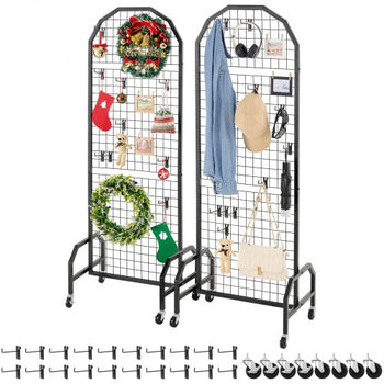 2 Packs Grid Wall Panels, 1.9 x 5.4 ft Wire Grid Panels Display Rack, Movable Art Display Shelf with Wheels and 20 Hooks, Black Carbon Steel Gridwall for Craft Show, Decor, Storage, Notice Board