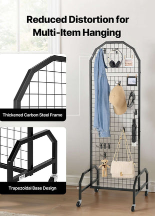 2 Packs Grid Wall Panels, 1.9 x 5.4 ft Wire Grid Panels Display Rack, Movable Art Display Shelf with Wheels and 20 Hooks, Black Carbon Steel Gridwall for Craft Show, Decor, Storage, Notice Board