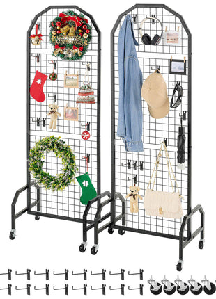 2 Packs Grid Wall Panels, 1.9 x 5.4 ft Wire Grid Panels Display Rack, Movable Art Display Shelf with Wheels and 20 Hooks, Black Carbon Steel Gridwall for Craft Show, Decor, Storage, Notice Board