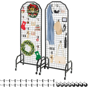 2 Packs Grid Wall Panels, 1.9 x 5.4 ft Wire Grid Panels Display Rack, Movable Art Display Shelf with Wheels and 20 Hooks, Black Carbon Steel Gridwall for Craft Show, Decor, Storage, Notice Board