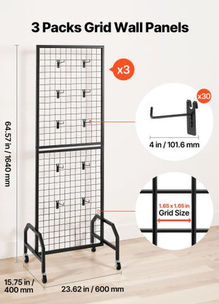 3 Packs Grid Wall Panels, 1.9 x 5.4 ft Wire Grid Panels Display Rack, Movable Art Display Shelf with Wheels and 30 Hooks, Black Carbon Steel Gridwall for Craft Show, Decor, Storage, Notice Board