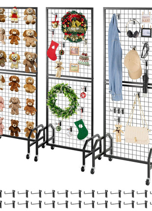 3 Packs Grid Wall Panels, 1.9 x 5.4 ft Wire Grid Panels Display Rack, Movable Art Display Shelf with Wheels and 30 Hooks, Black Carbon Steel Gridwall for Craft Show, Decor, Storage, Notice Board