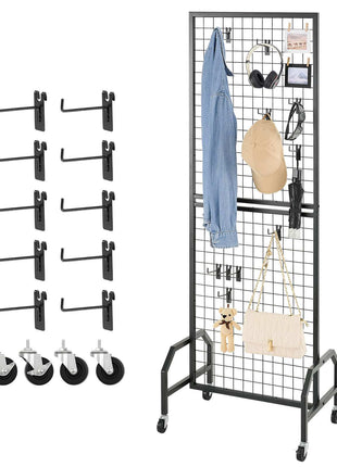 Grid Wall Panel, 1.9 x 5.4 ft Wire Grid Panels Display Rack, Movable Art Display Shelf with Wheels and 10 Hooks, Black Carbon Steel Gridwall for Craft Show, Decoration, Storage, Notice Board
