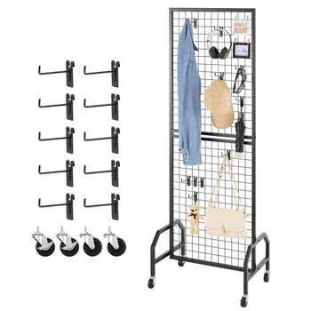 Grid Wall Panel, 1.9 x 5.4 ft Wire Grid Panels Display Rack, Movable Art Display Shelf with Wheels and 10 Hooks, Black Carbon Steel Gridwall for Craft Show, Decoration, Storage, Notice Board