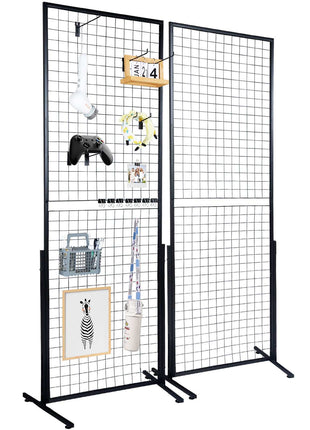 Black metal grid display panel set with hooks, ideal for showcasing decor, electronics, and artwork in modern style.