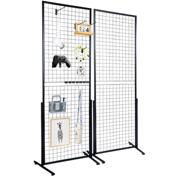 Black metal grid display panel set with hooks, ideal for showcasing decor, electronics, and artwork in modern style.