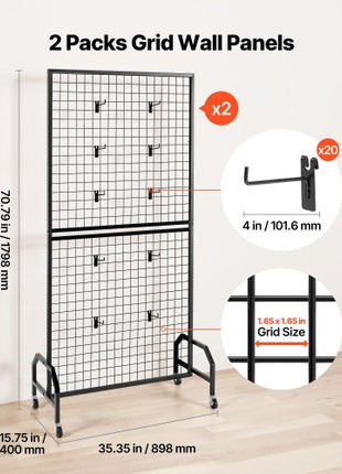 2 Packs Grid Wall Panels, 2.9 x 5.9 ft Wire Grid Panels Display Rack, Movable Art Display Shelf with Wheels and 10 Hooks, Black Carbon Steel Gridwall for Craft Show, Decor, Storage, Notice Board