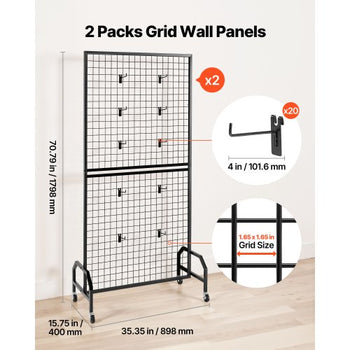 2 Packs Grid Wall Panels, 2.9 x 5.9 ft Wire Grid Panels Display Rack, Movable Art Display Shelf with Wheels and 10 Hooks, Black Carbon Steel Gridwall for Craft Show, Decor, Storage, Notice Board