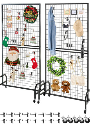 2 Packs Grid Wall Panels, 2.9 x 5.9 ft Wire Grid Panels Display Rack, Movable Art Display Shelf with Wheels and 10 Hooks, Black Carbon Steel Gridwall for Craft Show, Decor, Storage, Notice Board