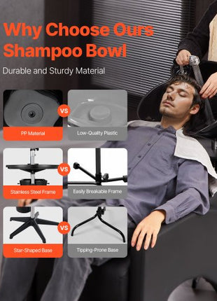 Portable Shampoo Bowl, Deep Shampoo Sink with Adjustable Height & Angle, Washing Hair Station Includes Drain Hose, Shower Head and Bucket, Salon Sink for Home & Barber Use, Black