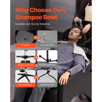Portable Shampoo Bowl, Deep Shampoo Sink with Adjustable Height & Angle, Washing Hair Station Includes Drain Hose, Shower Head and Bucket, Salon Sink for Home & Barber Use, Black