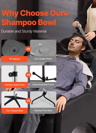 Portable Shampoo Bowl, Deep Shampoo Sink with Adjustable Height & Angle, Includes Drain Hose, Shower Head, Lightweight Hair Wash Basin for Barber Salon Spa Center & Home Use, Black
