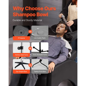 Portable Shampoo Bowl, Deep Shampoo Sink with Adjustable Height & Angle, Includes Drain Hose, Shower Head, Lightweight Hair Wash Basin for Barber Salon Spa Center & Home Use, Black