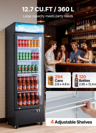 Commercial Merchandiser Refrigerator, 12.7 Cu.Ft / 360 L Glass Door Display Refrigerator, Upright Beverage Cooler with Customizable Lightbox, 4 Adjustable Shelves & Soft LED Light for Home Shops