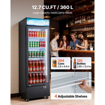 Commercial Merchandiser Refrigerator, 12.7 Cu.Ft / 360 L Glass Door Display Refrigerator, Upright Beverage Cooler with Customizable Lightbox, 4 Adjustable Shelves & Soft LED Light for Home Shops