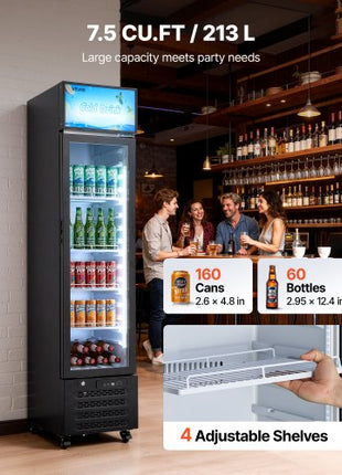 Commercial Merchandiser Refrigerator, 7.5 Cu.Ft / 213 L Glass Door Display Refrigerator, Upright Beverage Cooler with Customizable Lightbox, 4 Adjustable Shelves & Soft LED Light for Homes Shops