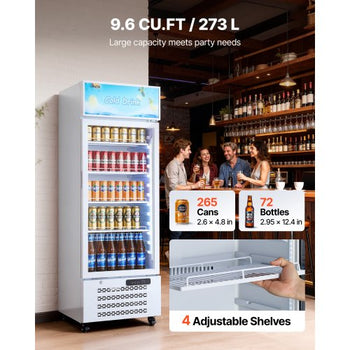 Commercial Merchandiser Refrigerator, 9.6 Cu.Ft / 273 L Glass Door Display Refrigerator, Upright Beverage Cooler with Customizable Lightbox, 4 Adjustable Shelves & Soft LED Light for Homes Shops