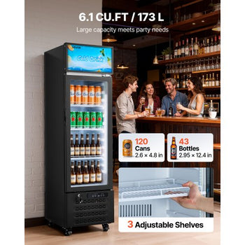 Commercial Merchandiser Refrigerator, 6.1 Cu.Ft / 173 L Glass Door Display Refrigerator, Upright Beverage Cooler with Customizable Lightbox, 3 Adjustable Shelves & Soft LED Light for Homes Shops