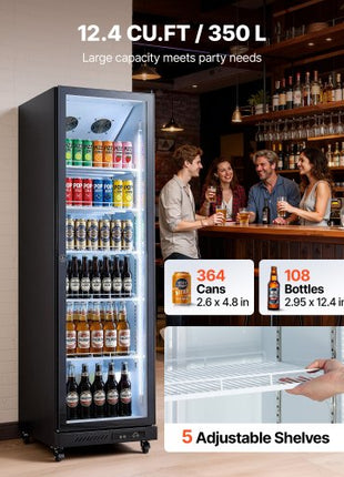 Commercial Merchandiser Refrigerator, 12.4 Cu.Ft / 350 L Glass Door Display Refrigerator, Upright Beverage Cooler Fridge with 5 Adjustable Shelves, Soft LED Light & Casters for Homes Shops Bars