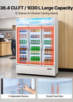 Commercial Merchandiser Refrigerator, 36.4 Cu.Ft / 1030L Upright Beverage Cooler, 3 Glass Door Display Refrigerator with Customizable Lightbox, 12 Adjustable Shelves, Soft LED Lighting & Casters