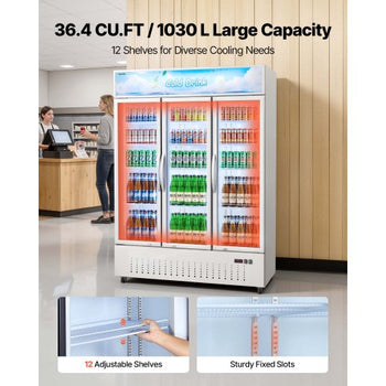 Commercial Merchandiser Refrigerator, 36.4 Cu.Ft / 1030L Upright Beverage Cooler, 3 Glass Door Display Refrigerator with Customizable Lightbox, 12 Adjustable Shelves, Soft LED Lighting & Casters