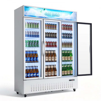 Commercial Merchandiser Refrigerator, 36.4 Cu.Ft / 1030L Upright Beverage Cooler, 3 Glass Door Display Refrigerator with Customizable Lightbox, 12 Adjustable Shelves, Soft LED Lighting & Casters