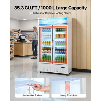 Commercial Merchandiser Refrigerator, 35.3 Cu.Ft / 1000L Upright Beverage Cooler, 2 Glass Door Display Refrigerator with Customizable Lightbox, 8 Adjustable Shelves, Soft LED Lighting & Casters