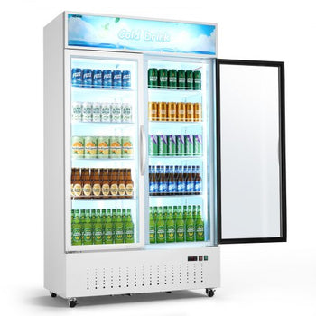Commercial Merchandiser Refrigerator, 35.3 Cu.Ft / 1000L Upright Beverage Cooler, 2 Glass Door Display Refrigerator with Customizable Lightbox, 8 Adjustable Shelves, Soft LED Lighting & Casters