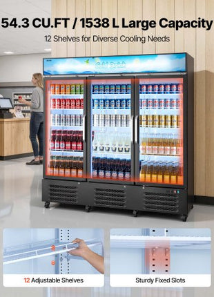 Commercial Merchandiser Refrigerator, 54.3 Cu.Ft / 1538L Upright Beverage Cooler, 3 Glass Door Display Refrigerator with Customizable Lightbox, 12 Adjustable Shelves, Soft LED Lighting & Casters