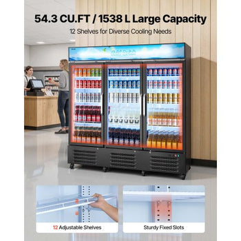 Commercial Merchandiser Refrigerator, 54.3 Cu.Ft / 1538L Upright Beverage Cooler, 3 Glass Door Display Refrigerator with Customizable Lightbox, 12 Adjustable Shelves, Soft LED Lighting & Casters