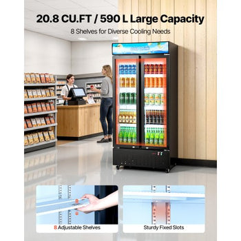 Commercial Merchandiser Refrigerator, 20.8 Cu.Ft / 590L Upright Beverage Cooler, 2 Glass Door Display Refrigerator with Customizable Lightbox, 8 Adjustable Shelves, Soft LED Lighting & Casters