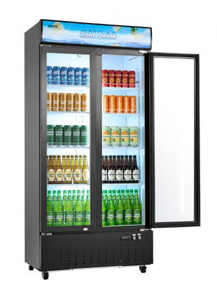 Commercial Merchandiser Refrigerator, 20.8 Cu.Ft / 590L Upright Beverage Cooler, 2 Glass Door Display Refrigerator with Customizable Lightbox, 8 Adjustable Shelves, Soft LED Lighting & Casters