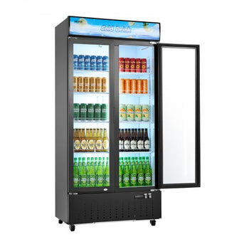 Commercial Merchandiser Refrigerator, 20.8 Cu.Ft / 590L Upright Beverage Cooler, 2 Glass Door Display Refrigerator with Customizable Lightbox, 8 Adjustable Shelves, Soft LED Lighting & Casters