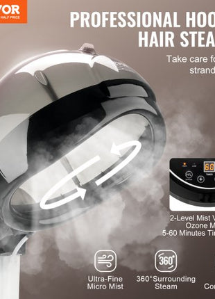 Professional Hair Steamer for Deep Conditioning, 11.81-inch Hooded Ionic Hair Steamer with 2 Modes, Height-Adjustable Standing Hair Steamer with Timer, 5 Wheels (2 Lockable) for Salon Home Spa