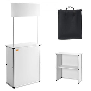 Promotion Counter Table, Portable Tradeshow Podium Table, 30.91" x 14.96" x 71.46", Display Exhibition Counter Stand Booth Fair with Wall, Pop Up Podium with Storage Rack/Carrying Bag