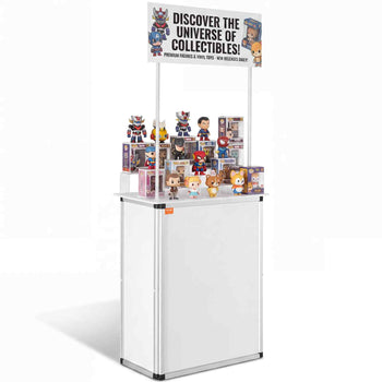 Promotion Counter Table, Portable Tradeshow Podium Table, 30.91" x 14.96" x 71.46", Display Exhibition Counter Stand Booth Fair with Wall, Pop Up Podium with Storage Rack/Carrying Bag