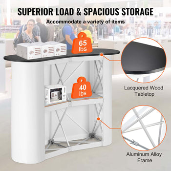 Portable Tradeshow Podium Table, 51.18" x 18.31" x 37.4", Display Exhibition Counter Stand Booth Fair with Wall, Foldable Promotion Retail Bar Table Pop Up Podium with Storage Rack, Carrying Bag