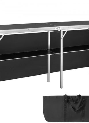 Extra Long Folding Portable Bar Table - Tradeshow Podium Table for Indoor, Outdoor, Party, Picnic, Exhibition, Includes Carrying Case, Storage Shelf and  Black Skirt, 77.95" x 15.16" x 34.65"