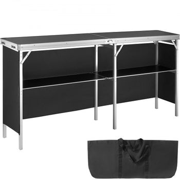 Extra Long Folding Portable Bar Table - Tradeshow Podium Table for Indoor, Outdoor, Party, Picnic, Exhibition, Includes Carrying Case, Storage Shelf and  Black Skirt, 77.95" x 15.16" x 34.65"