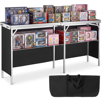 Black folding display table with silver metal frame, showcasing various toy boxes in vibrant colors. Ideal for sales events.