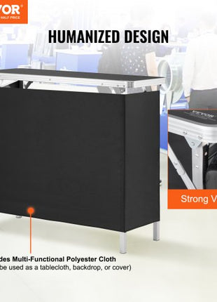 Folding Portable Bar Table, Tradeshow Podium Table for Indoor, Outdoor, Party, Picnic, Exhibition, Includes Carrying Case, Storage Shelf and  Black Skirt, 38.39" x 15.16" x 34.25"