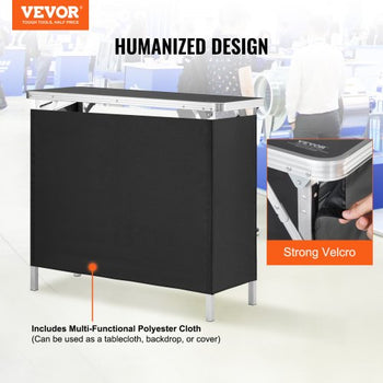 Folding Portable Bar Table, Tradeshow Podium Table for Indoor, Outdoor, Party, Picnic, Exhibition, Includes Carrying Case, Storage Shelf and  Black Skirt, 38.39" x 15.16" x 34.25"