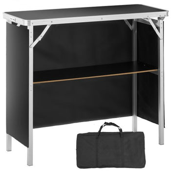 Folding Portable Bar Table, Tradeshow Podium Table for Indoor, Outdoor, Party, Picnic, Exhibition, Includes Carrying Case, Storage Shelf and  Black Skirt, 38.39" x 15.16" x 34.25"