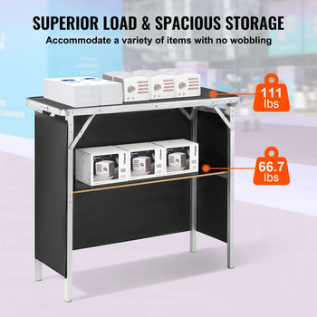 Black folding table with aluminum frame, supports 111 lbs, features spacious storage and sturdy design for versatile use.